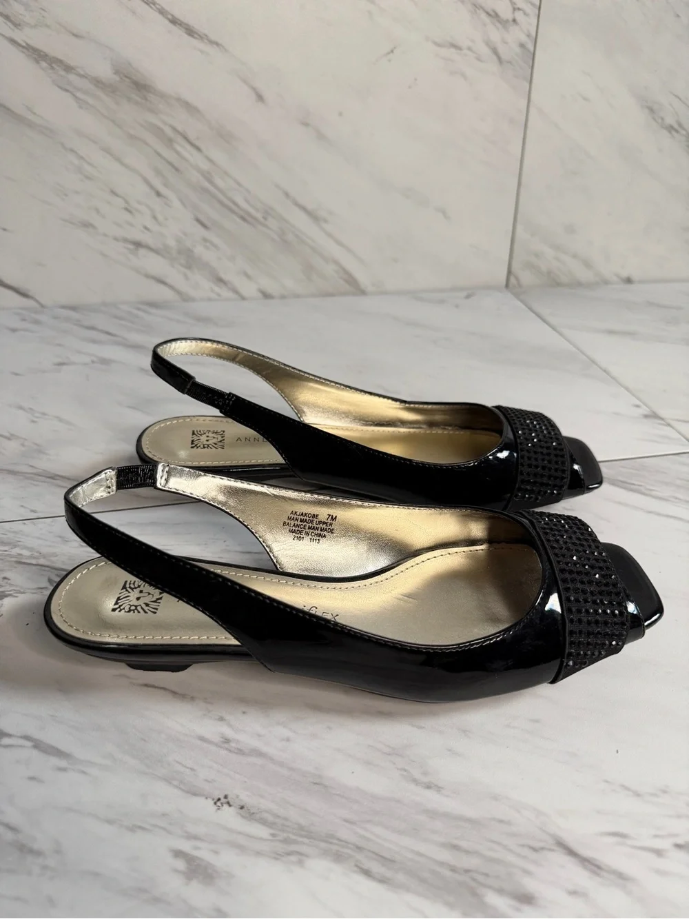 3/$50 Anne Klein Flex Jakobe Embellished Black Patent Slingback Flats Womens 7M